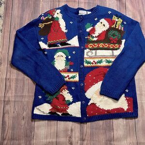 Vintage Ashley Petite Large Christmas Hand Knit Cardigan Sweater Blue 80s Santa